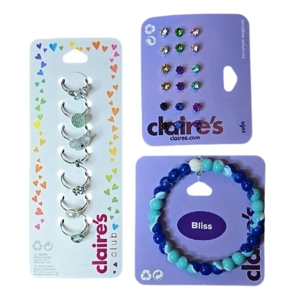 Claire's Jewelry Bundle, 7 Rings, 1 Bracelet, 9‎ Pairs of Earrings, NEW